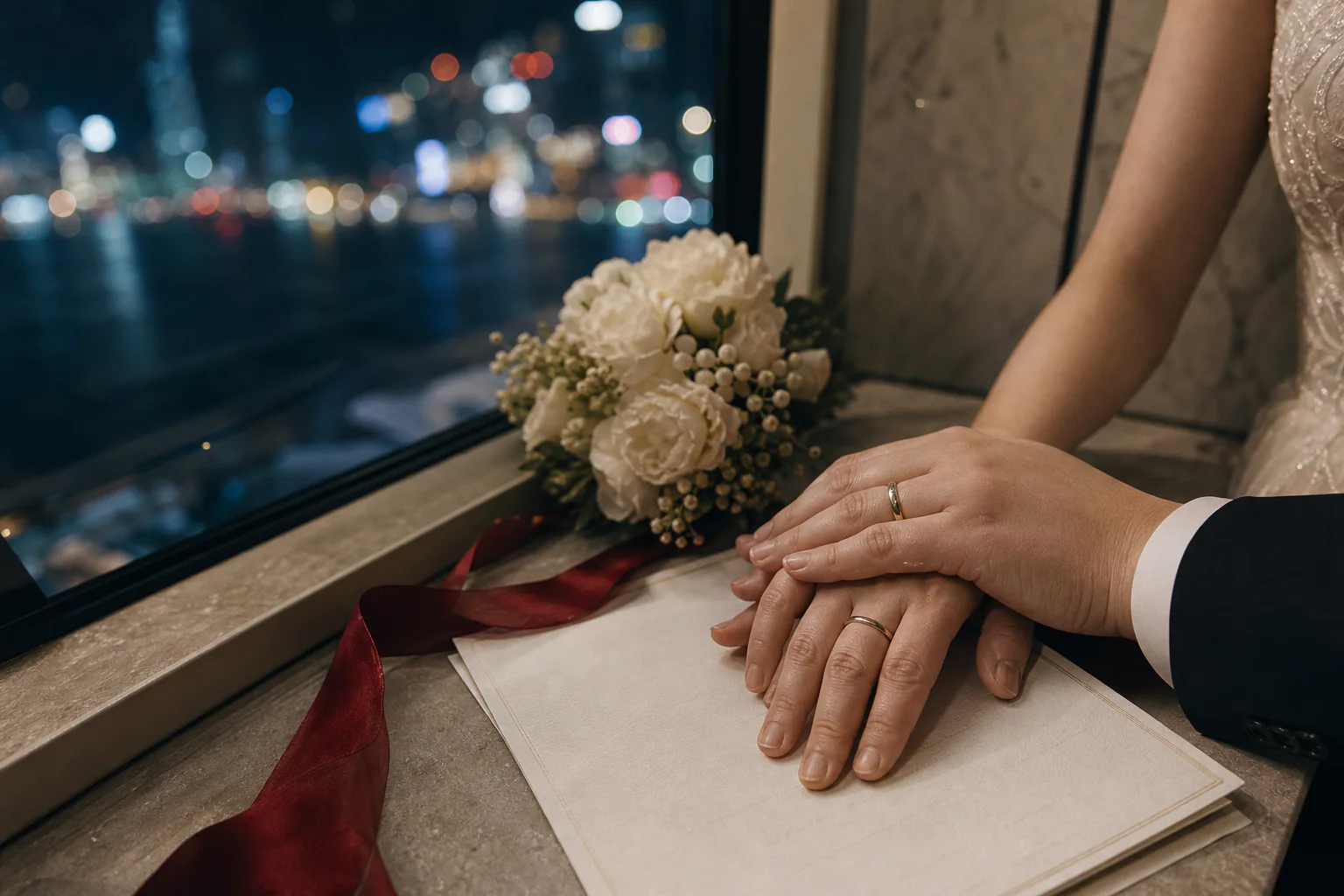 Newlyweds' hands resting together beside their wedding bouquet and documents